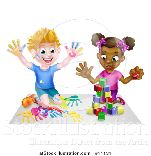 Vector Illustration of a Cartoon Happy Black Girl Playing with Toy Blocks and White Boy Finger Painting