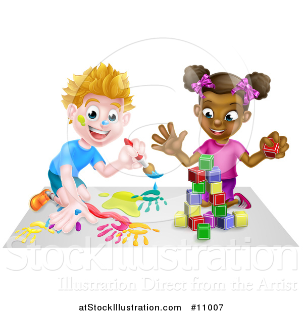 Vector Illustration of a Cartoon Happy Black Girl Playing with Toy Blocks and White Boy Painting