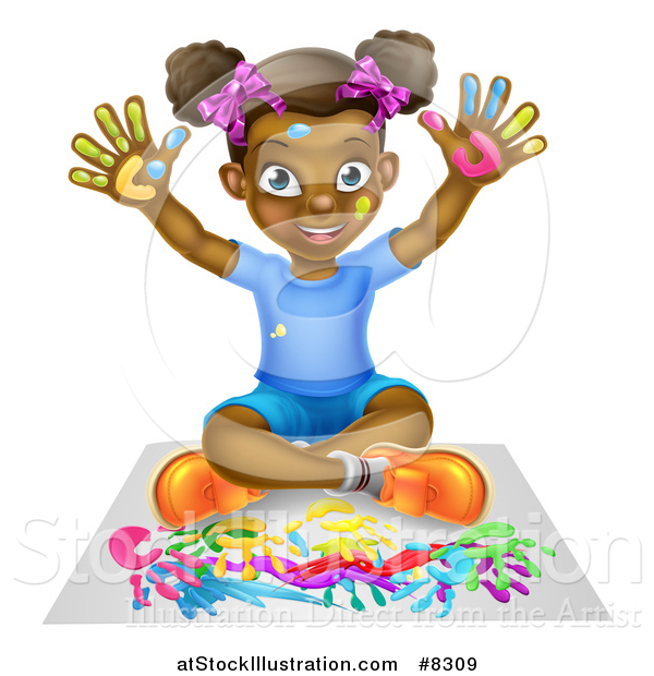 Vector Illustration of a Cartoon Happy Black Girl Sitting on the Floor and Painting with Her Hands