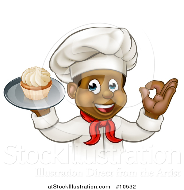 Vector Illustration of a Cartoon Happy Black Male Chef Baker Gesturing Ok and Holding a Cupcake on a Tray