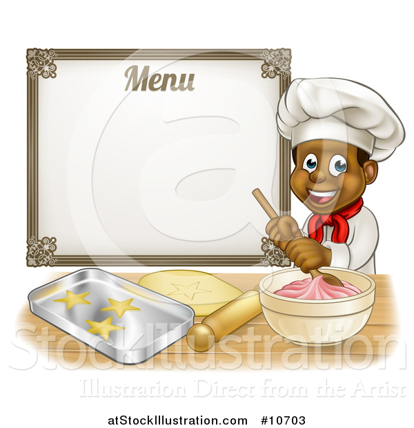 Vector Illustration of a Cartoon Happy Black Male Chef Baker Mixing Frosting and Making Cookies Under a Menu