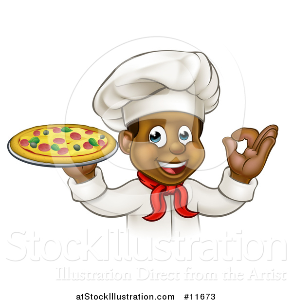 Vector Illustration of a Cartoon Happy Black Male Chef Gesturing Ok and Holding a Pizza