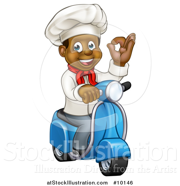 Vector Illustration of a Cartoon Happy Black Male Chef Gesturing Perfect and Riding a Scooter