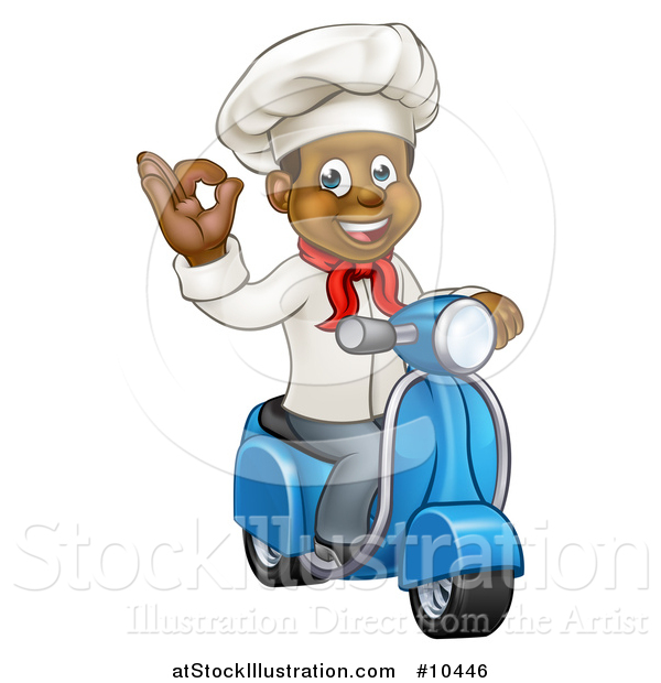 Vector Illustration of a Cartoon Happy Black Male Chef Gesturing Perfect or Ok and Riding a Scooter
