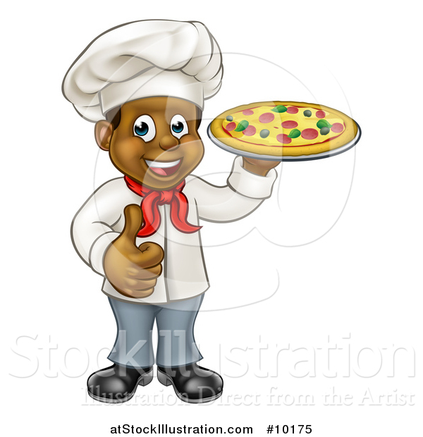 Vector Illustration of a Cartoon Happy Black Male Chef Giving a Thumb up and Holding a Pizza