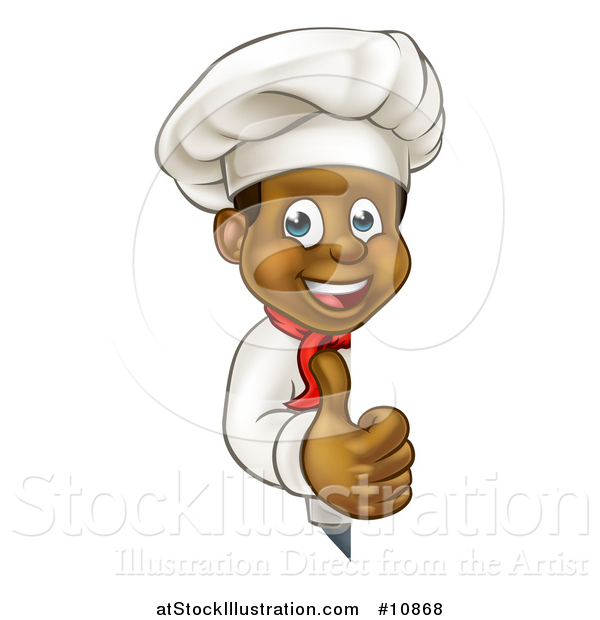 Vector Illustration of a Cartoon Happy Black Male Chef Giving a Thumb up Around a Sign