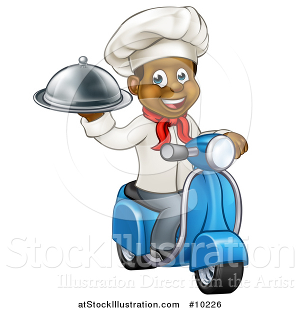 Vector Illustration of a Cartoon Happy Black Male Chef Holding a Cloche Platter and Riding a Scooter