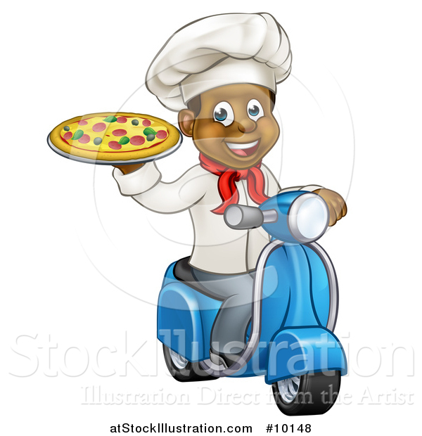 Vector Illustration of a Cartoon Happy Black Male Chef Holding a Pizza and Riding a Scooter