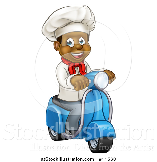 Vector Illustration of a Cartoon Happy Black Male Chef Riding a Scooter