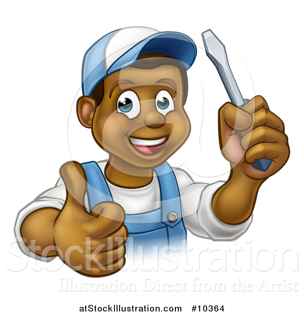 Vector Illustration of a Cartoon Happy Black Male Electrician Holding a Screwdriver and Giving a Thumb up