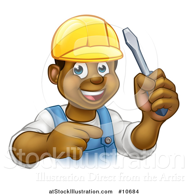 Vector Illustration of a Cartoon Happy Black Male Electrician Holding a Screwdriver and Pointing