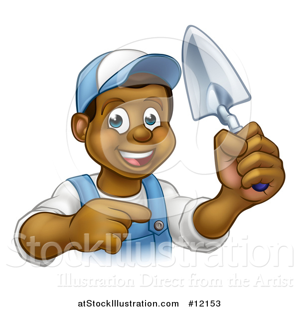 Vector Illustration of a Cartoon Happy Black Male Gardener in Blue, Holding a Garden Trowel and Pointing