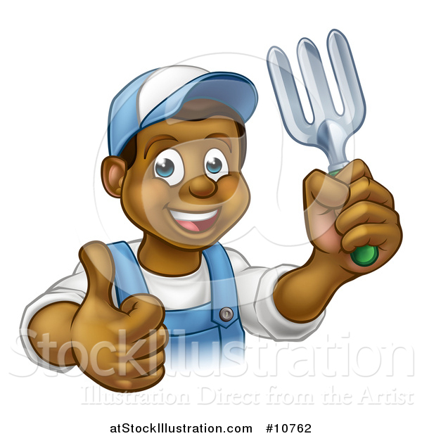 Vector Illustration of a Cartoon Happy Black Male Gardener in Blue, Holding up a Thumb a Garden Fork