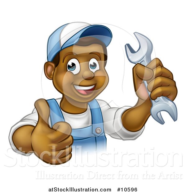 Vector Illustration of a Cartoon Happy Black Male Mechanic Holding up a Wrench and Giving a Thumb up