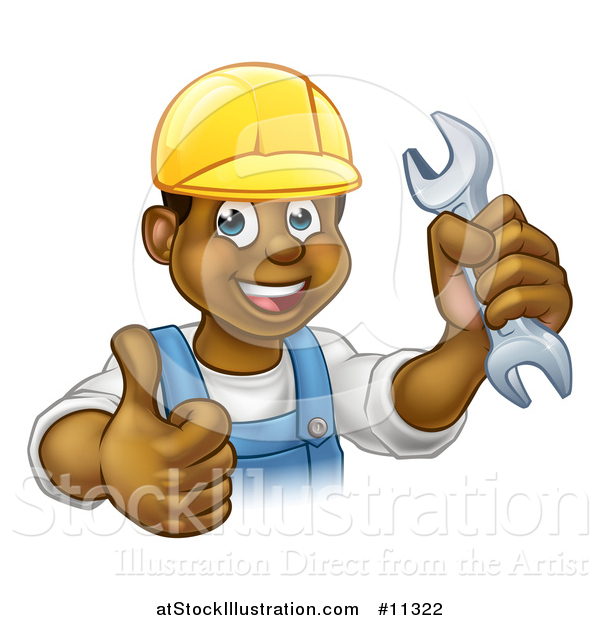 Vector Illustration of a Cartoon Happy Black Male Mechanic Holding up a Wrench and Giving a Thumb up