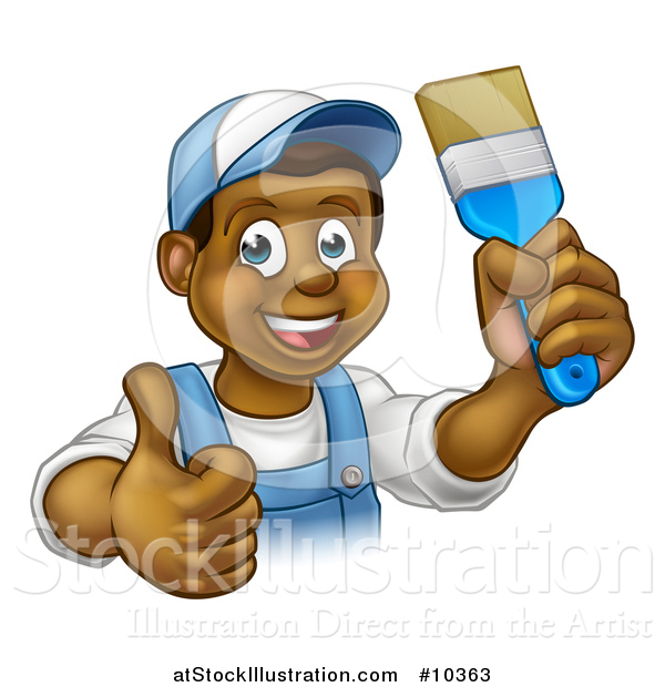 Vector Illustration of a Cartoon Happy Black Male Painter Holding up a Brush and Giving a Thumb up