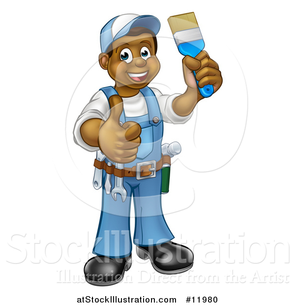 Vector Illustration of a Cartoon Happy Black Male Painter Holding up a Brush and Giving a Thumb up