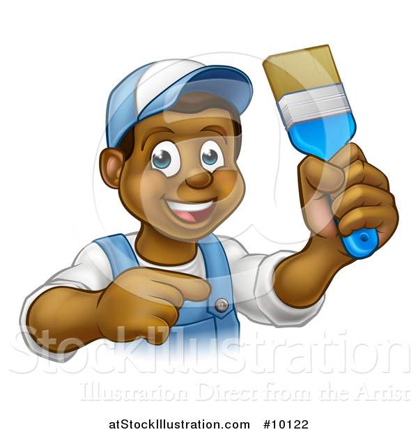 Vector Illustration of a Cartoon Happy Black Male Painter Holding up a Brush and Pointing