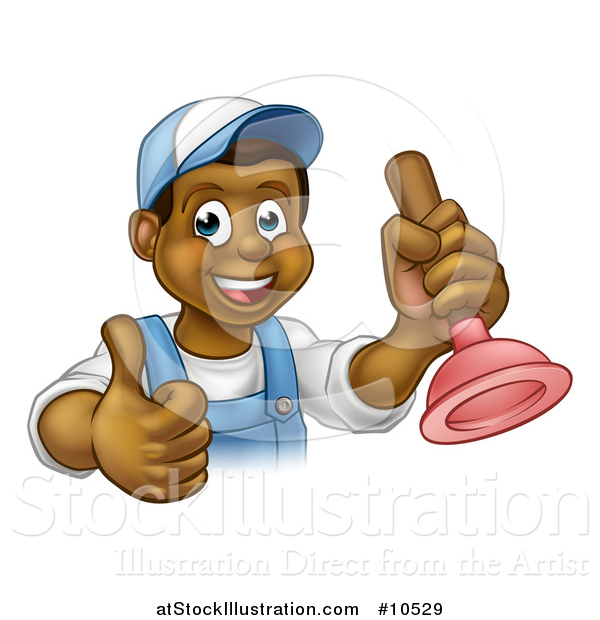Vector Illustration of a Cartoon Happy Black Male Plumber Holding a Plunger and Giving a Thumb up