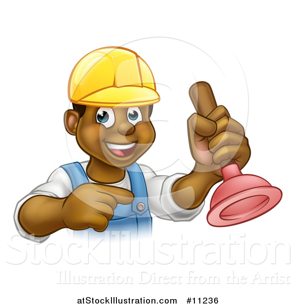 Vector Illustration of a Cartoon Happy Black Male Plumber Holding a Plunger and Pointing