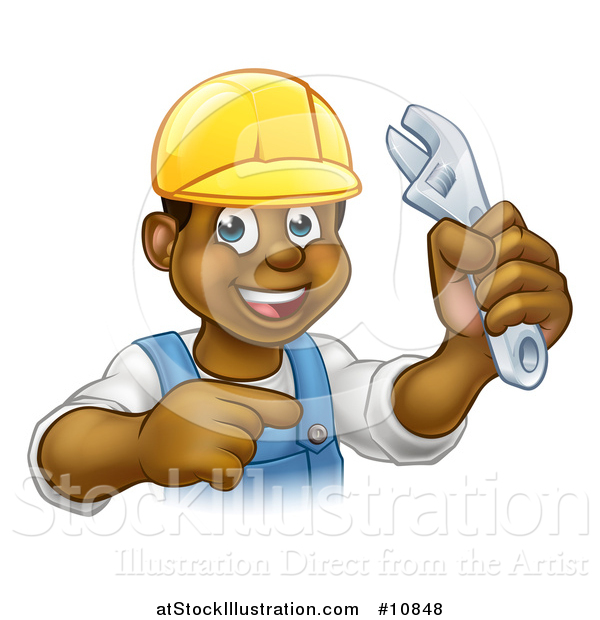 Vector Illustration of a Cartoon Happy Black Male Plumber Holding an Adjustable Wrench and Pointing