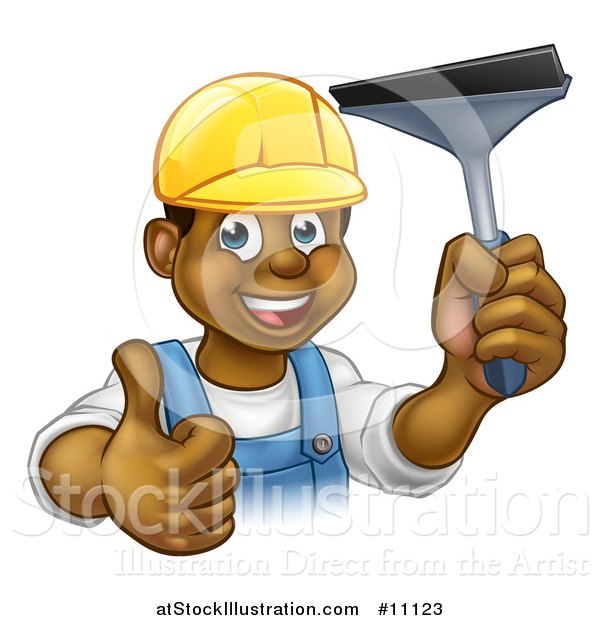 Vector Illustration of a Cartoon Happy Black Male Window Cleaner in a Hardhat, Giving a Thumb up and Holding a Squeegee