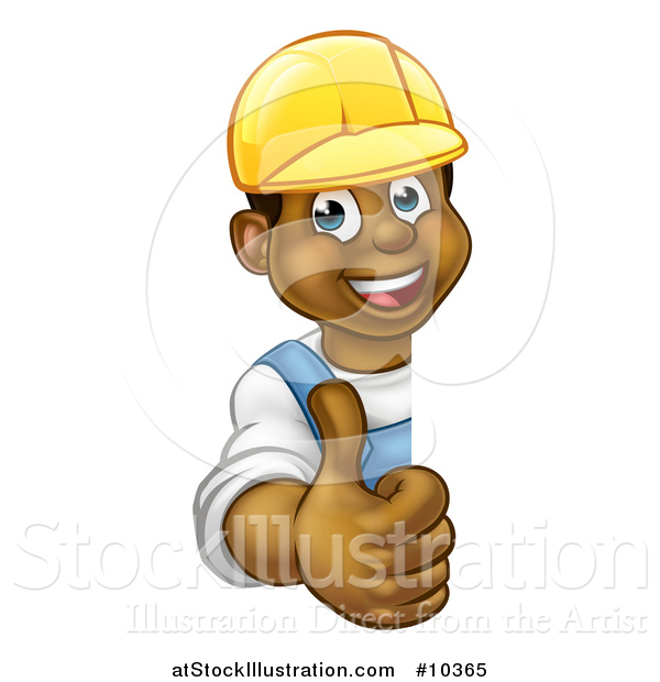 Vector Illustration of a Cartoon Happy Black Male Worker Giving a Thumb up Around a Sign