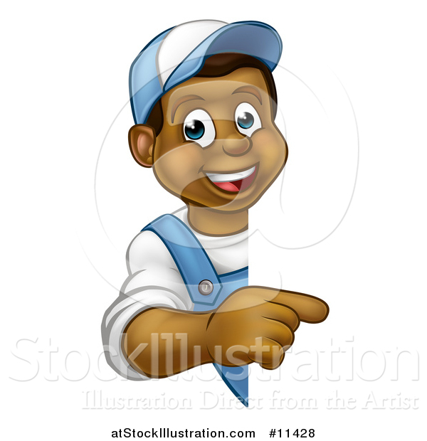 Vector Illustration of a Cartoon Happy Black Male Worker Pointing Around a Sign