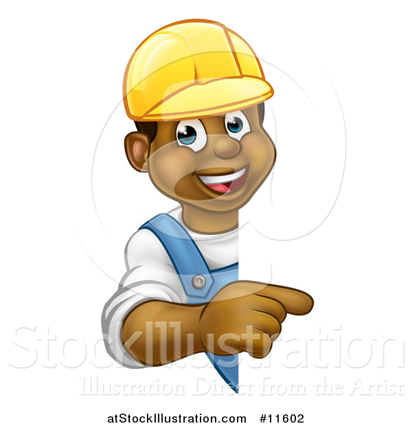 Vector Illustration of a Cartoon Happy Black Male Worker Wearing a Hardhat and Pointing Around a Sign