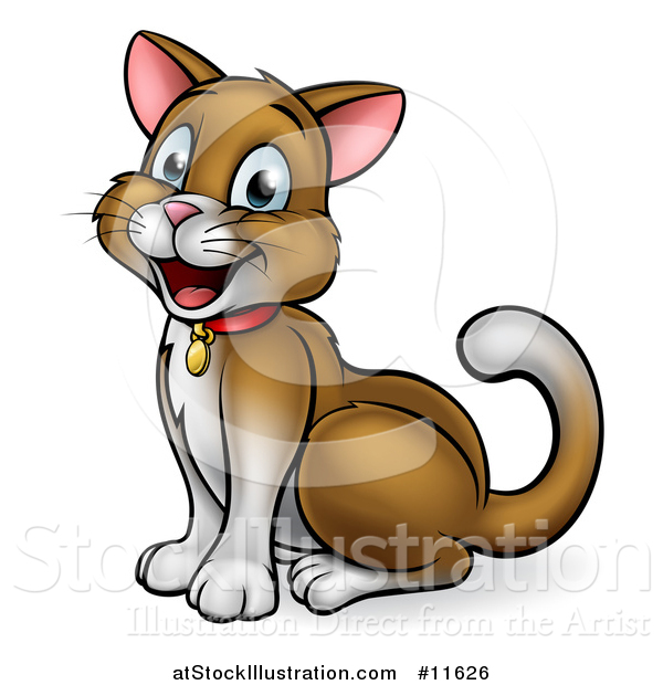 Vector Illustration of a Cartoon Happy Brown Cat Sitting and Facing Left