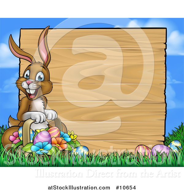 Vector Illustration of a Cartoon Happy Brown Easter Bunny Rabbit Holding a Basket in Front a Wood Sign Against Sky
