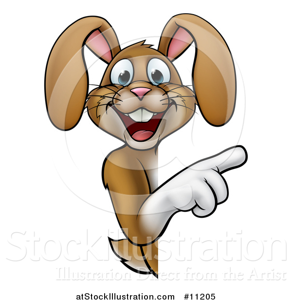 Vector Illustration of a Cartoon Happy Brown Easter Bunny Rabbit Pointing Around a Sign