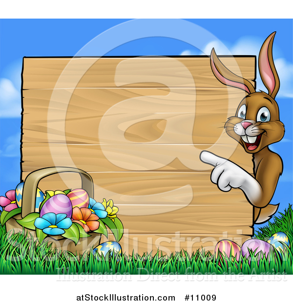 Vector Illustration of a Cartoon Happy Brown Easter Bunny Rabbit Pointing Around a Wood Sign, with a Basket and Eggs in Grass