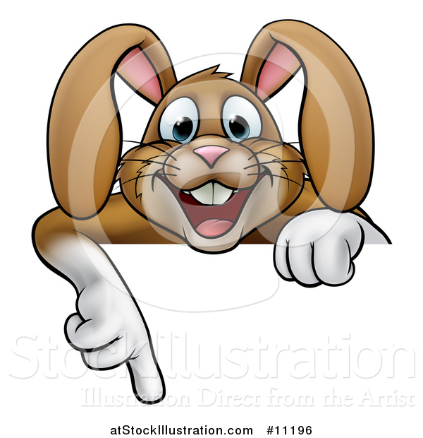 Vector Illustration of a Cartoon Happy Brown Easter Bunny Rabbit Pointing down over a Sign