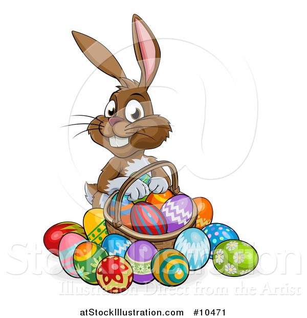 Vector Illustration of a Cartoon Happy Brown Easter Bunny Rabbit with a Basket and Eggs