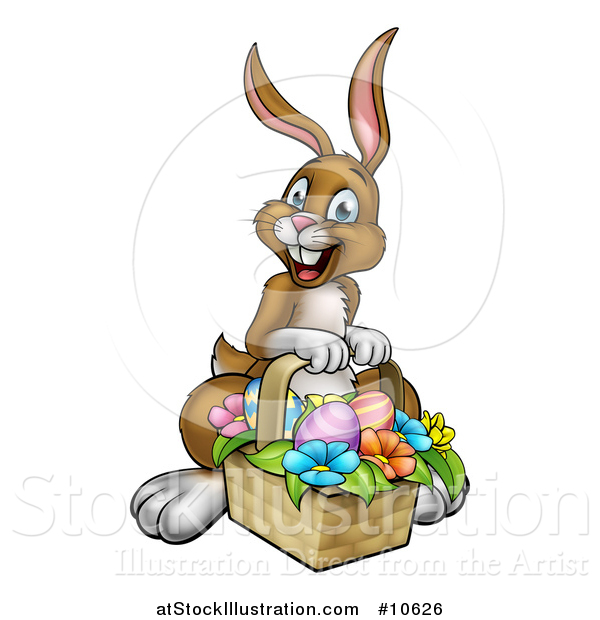 Vector Illustration of a Cartoon Happy Brown Easter Bunny Rabbit with a Basket and Eggs