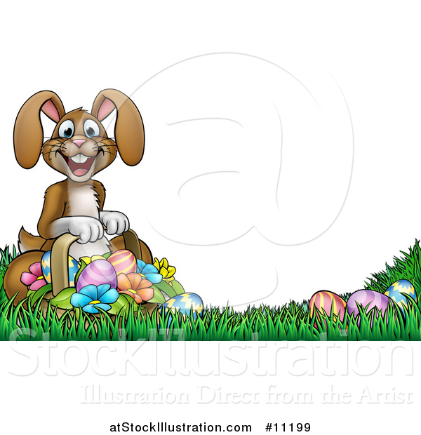 Vector Illustration of a Cartoon Happy Brown Easter Bunny Rabbit with a Basket and Eggs in Grass