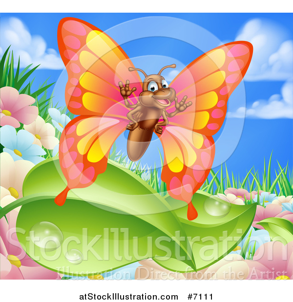 Vector Illustration of a Cartoon Happy Butterfly over Summer Flowers, Leaves and Sky