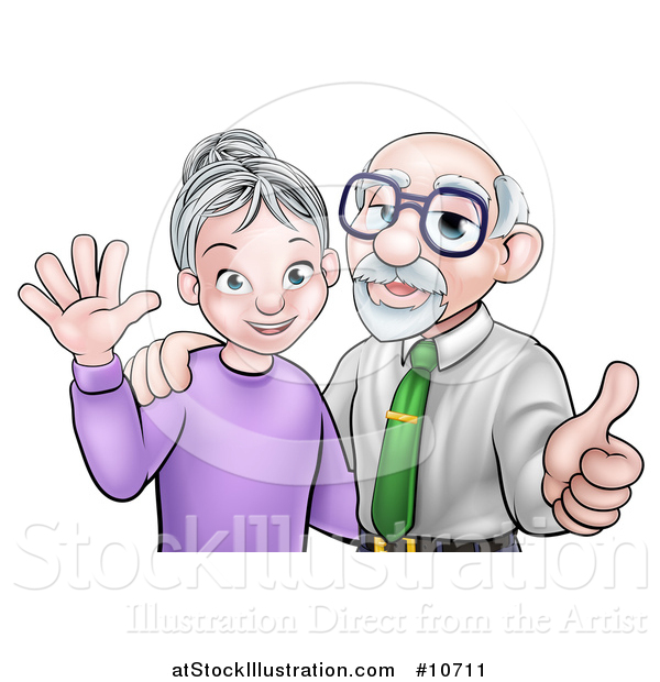 Vector Illustration of a Cartoon Happy Caucasian Senior Couple Waving and Giving a Thumb up