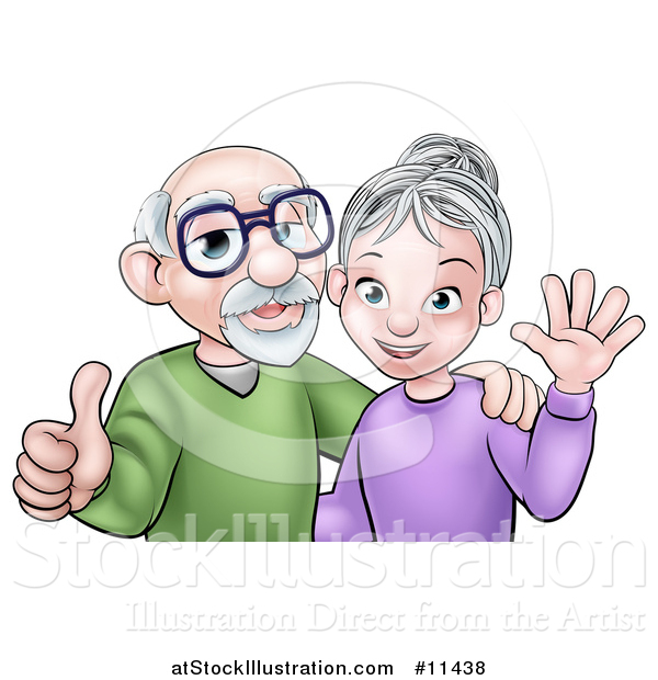 Vector Illustration of a Cartoon Happy Caucasian Senior Couple Waving and Giving a Thumb up