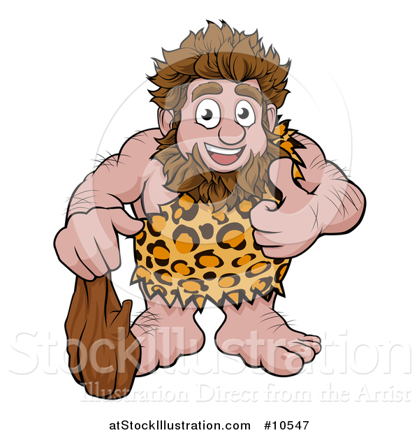 Vector Illustration of a Cartoon Happy Caveman Holding a Club and Giving a Thumb up