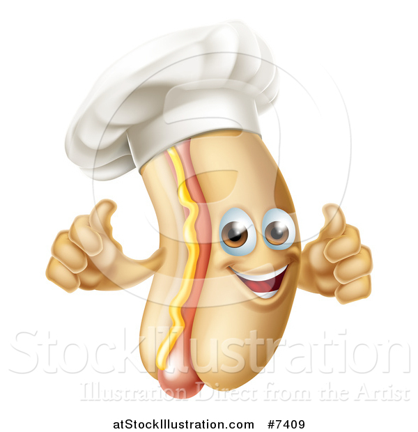 Vector Illustration of a Cartoon Happy Chef Hot Dog Mascot with a Strip of Mustard, Giving Two Thumbs up