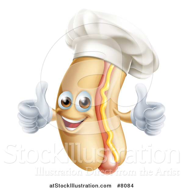 Vector Illustration of a Cartoon Happy Chef Hot Dog Mascot with Mustard, Giving Two Thumbs up