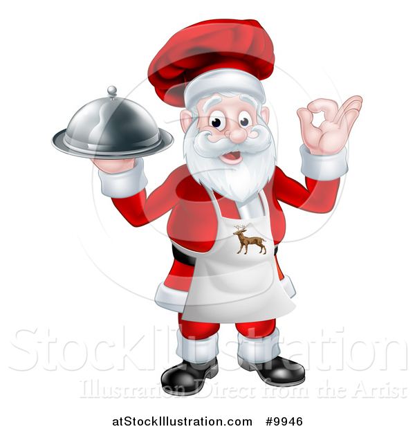 Vector Illustration of a Cartoon Happy Christmas Santa Claus Gesturing Ok, Wearing a Reindeer Apron and Holding a Food Cloche Platter