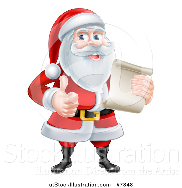 Vector Illustration of a Cartoon Happy Christmas Santa Claus Holding a Parchment Scroll and Giving a Thumb up
