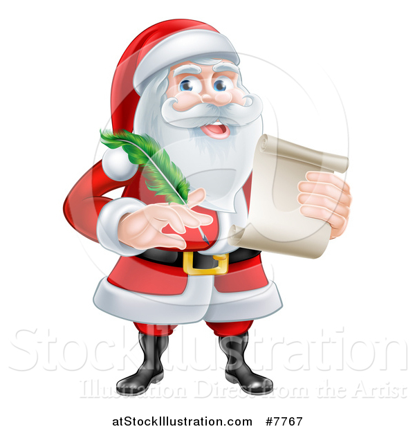 Vector Illustration of a Cartoon Happy Christmas Santa Claus Holding a Parchment Scroll and Quill Pen