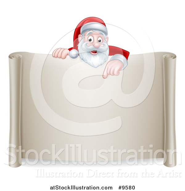 Vector Illustration of a Cartoon Happy Christmas Santa Claus Pointing down over a Scroll Sign