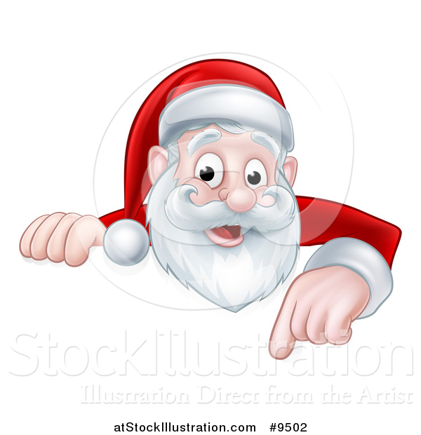 Vector Illustration of a Cartoon Happy Christmas Santa Claus Pointing down over a Sign