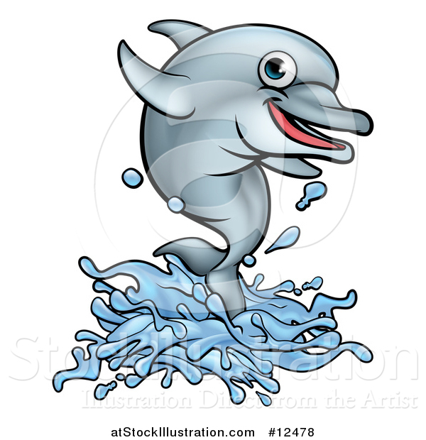 Vector Illustration of a Cartoon Happy Cute Dolphin Jumping