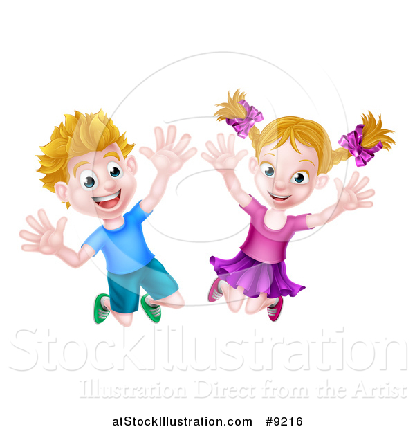 Vector Illustration of a Cartoon Happy Excited Blond Caucasian Boy and Girl Jumping